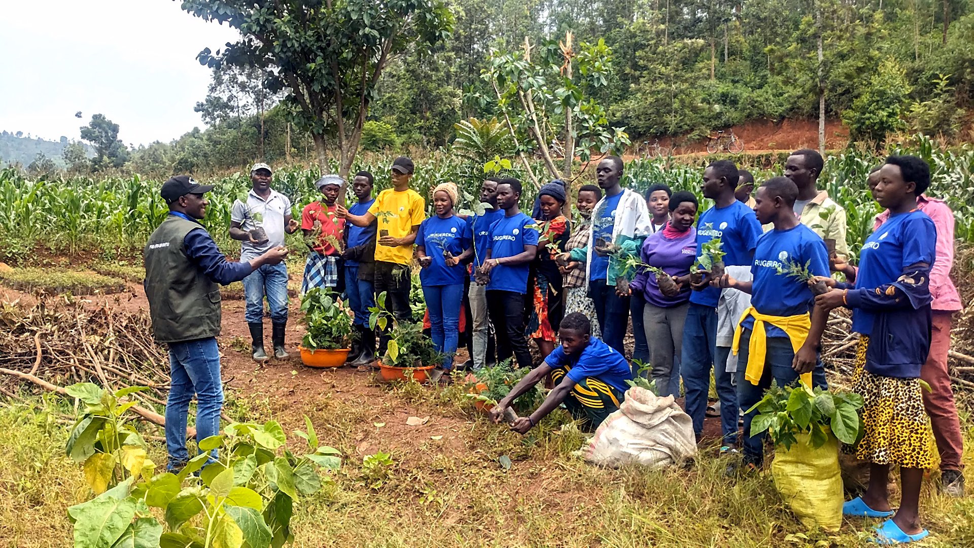 Community group holding seedlings during training